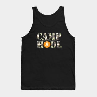 Camp Hodl Camo Stencil Font with Orange Bitcoin Logo Tank Top